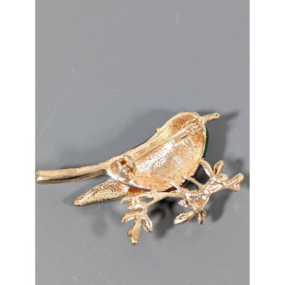 Retro Green Brown Enamel Rhinestone Bird on Branch Brooch Pin - Picture 3 of 6